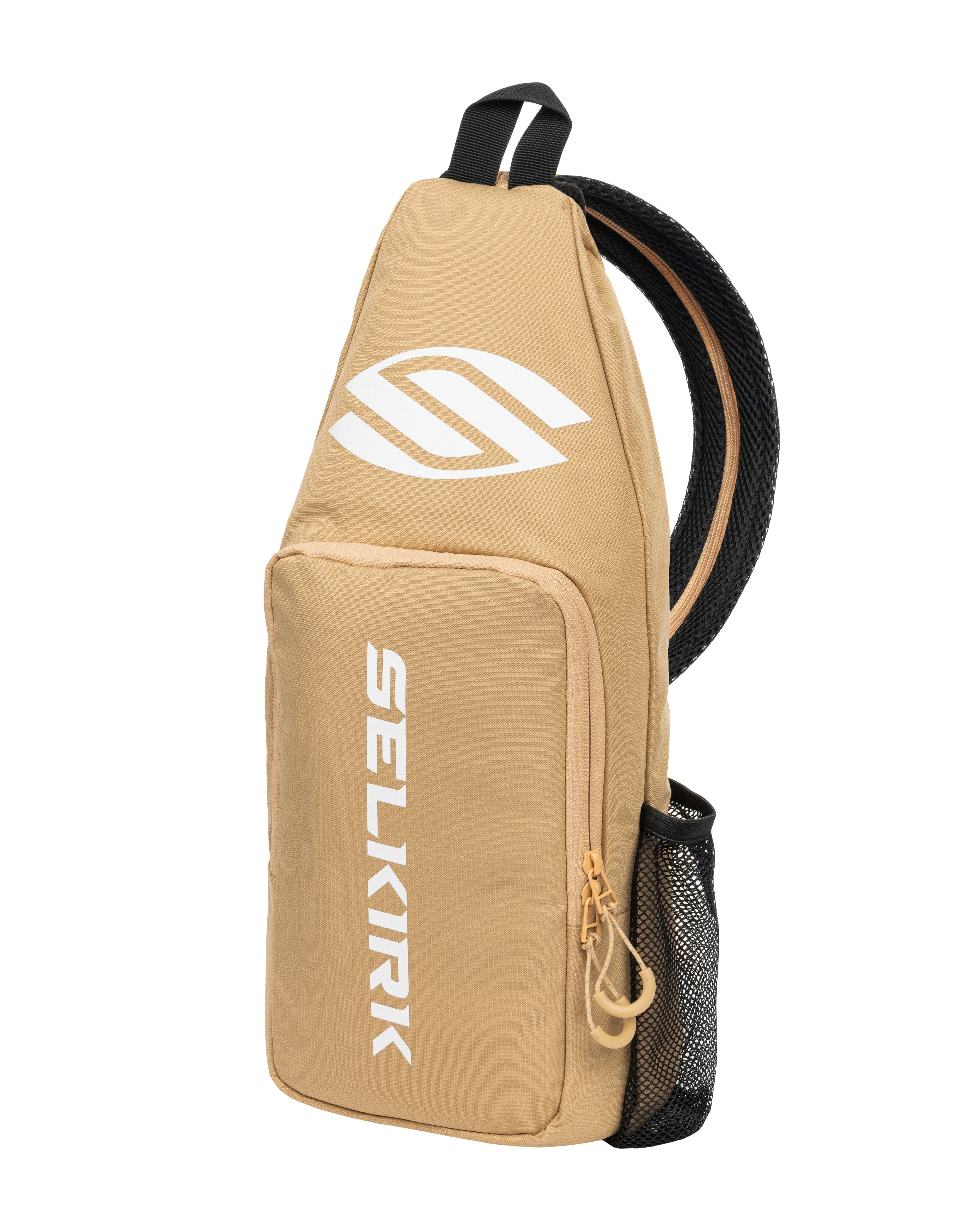 Core Line Pickleball Sling Bag in tan color, featuring a logo and mesh pocket.