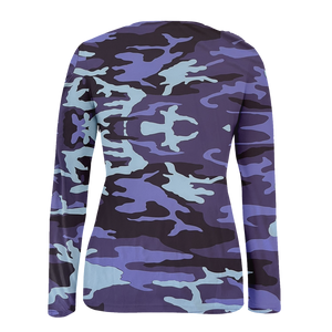 Back view of long-sleeve shirt with purple and light blue camouflage pattern.