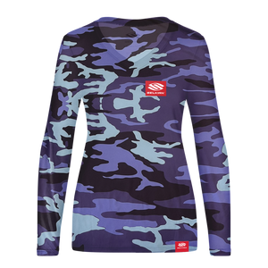 Purple-blue camouflage long-sleeve shirt with red 'SELKIRK' logo on chest and hem.