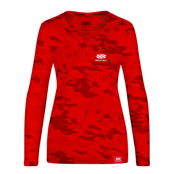 Selkirk pickleball shirt - camo red women's long sleeve shirt.