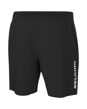 Black athletic running shorts with white vertical "SELKTRIK" logo on right leg