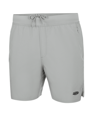 Men's light gray swim shorts with drawstring waist, zip side pockets, and small S logo on right hem.
