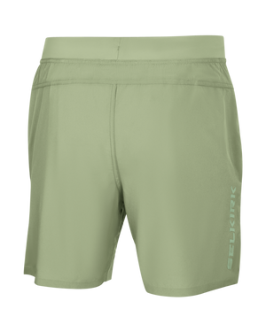 Back view of light green Men's Pro Line 7" pickleball shorts with 'SELKIRK' printed vertically on the right leg.