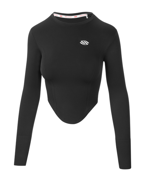 Black long sleeve seamless top with cropped style and logo