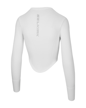 Back view of white long-sleeve compression top with vertical 'SELKIRK' logo down the center back.