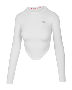 Women's white long-sleeve cropped athletic top with small Selkirk logo on chest and SELKIRK printed inside collar.
