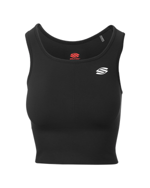 Black cropped athletic tank top with white stylized S logo on left chest and red SELKIRK label at neckline.