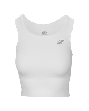 Front view of Women’s Pro Line Seamless Fitted Tank Top showing white cropped fit, scoop neckline, and SELKIRK logos