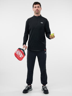 Front view of Mens Sport-Wik quarter-zip Pickleball pullover in black, relaxed fit with mock collar and small Selkirk logo