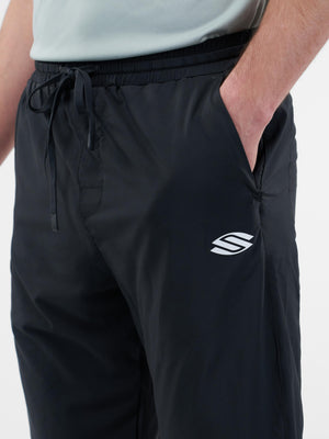 Men's black athletic pants with elastic waist, drawstring, side pocket and white stylized S logo