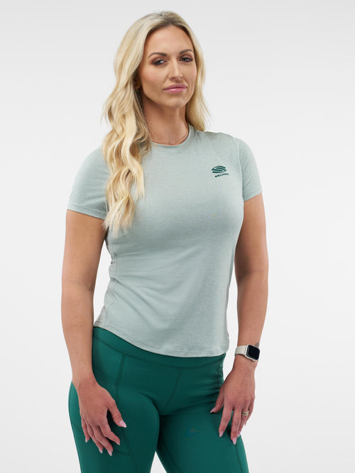 Selkirk women’s Essentials DualSoft short-sleeved pickleball tee shirt.
