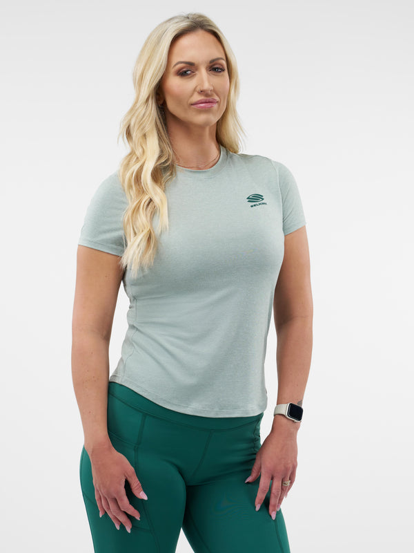 Selkirk women’s Essentials DualSoft short-sleeved pickleball tee shirt.