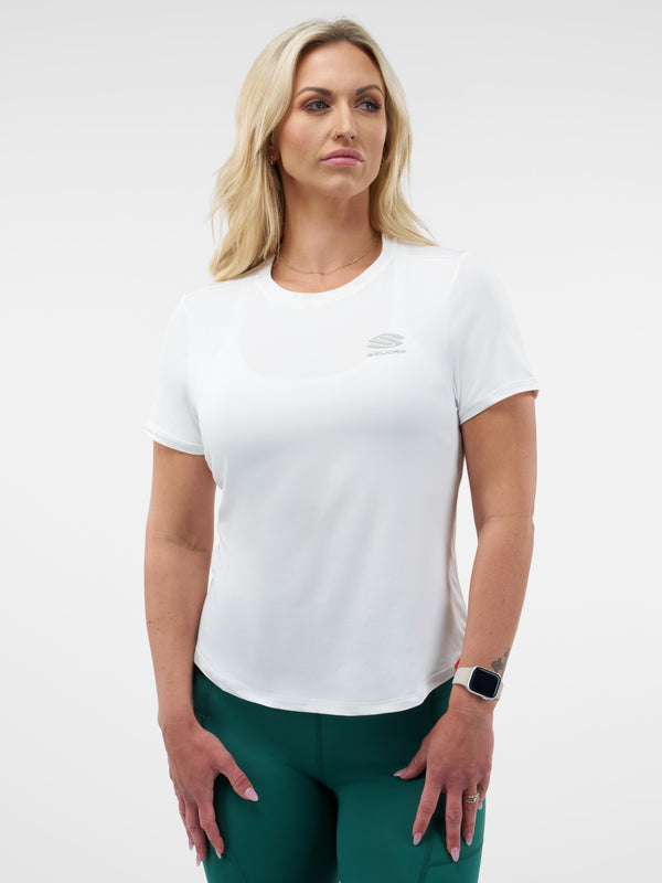 Selkirk women’s Essentials DualSoft short-sleeved pickleball tee shirt.