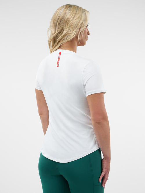 Selkirk women’s Essentials DualSoft short-sleeved pickleball tee shirt.