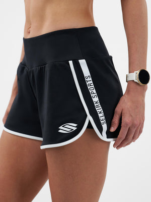 Black athletic shorts with white trim, vertical text 'SELKIRK SPORTS' and stylized S logo on left hem
