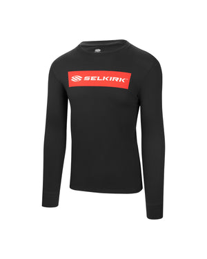 Black long sleeve tee with 'Selkirk Sport' text in red
