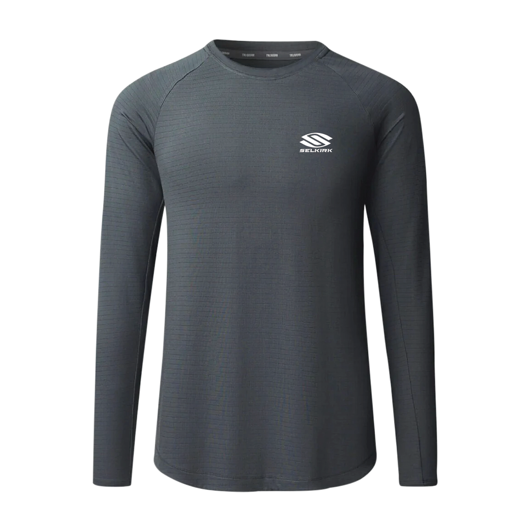 Selkirk TruWear Men's Cardinal Long Sleeve Workout Shirt in cardinal red, designed for comfort and mobility.