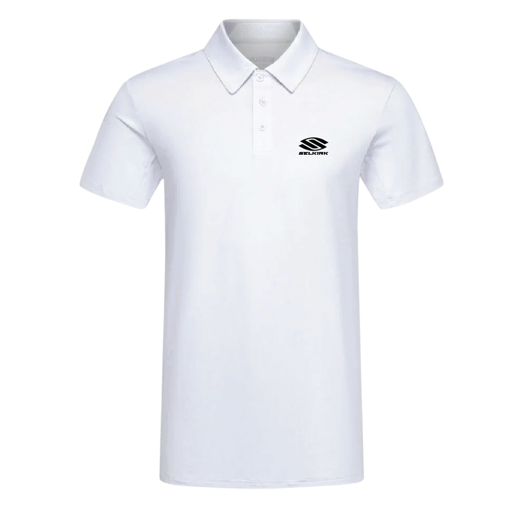 White Selkirk TruWear Men's Crest Lifestyle Performance Polo with logo on left chest