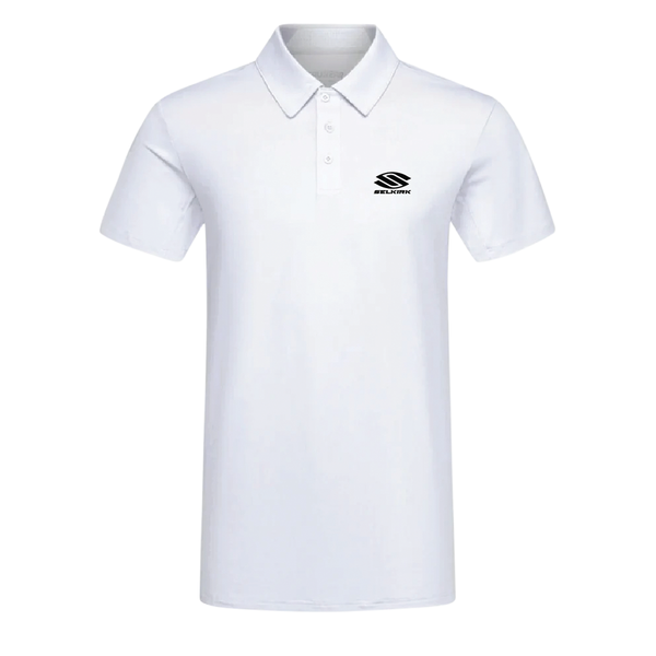 White Selkirk TruWear Men's Crest Lifestyle Performance Polo with logo on left chest