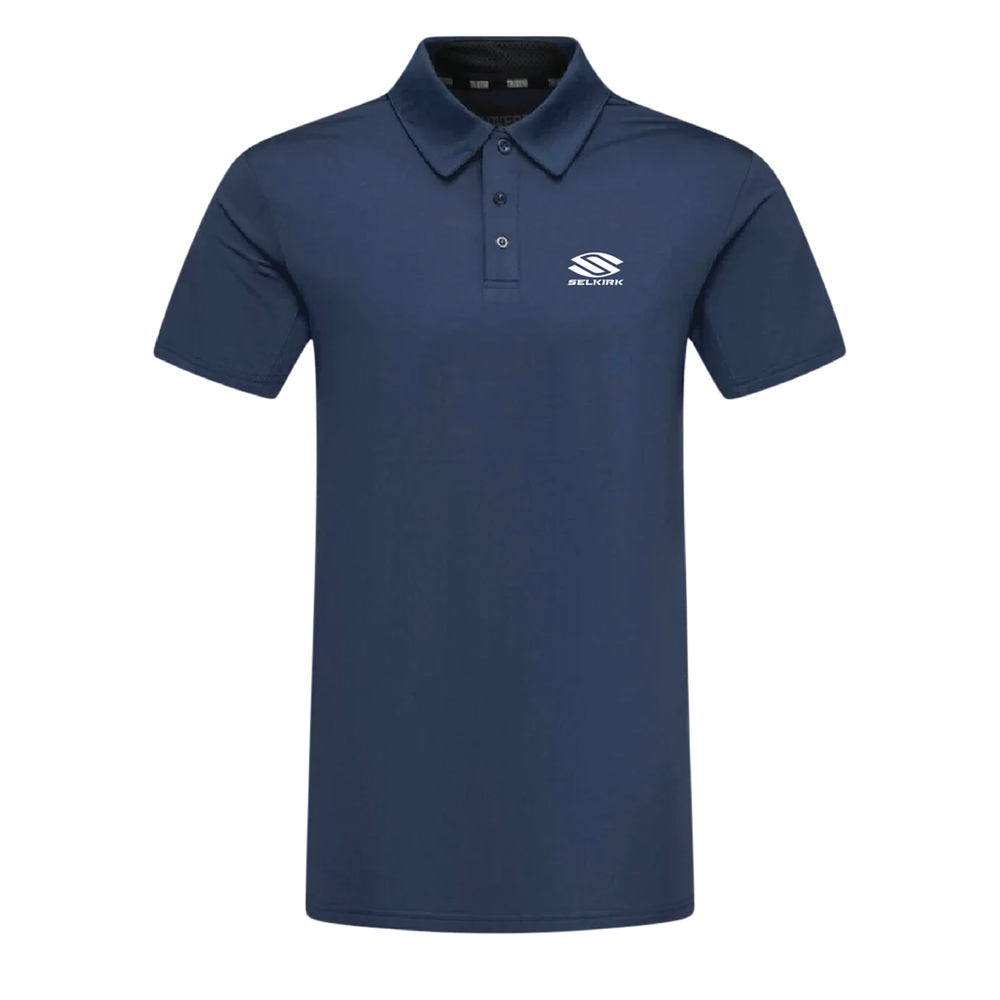 Black Selkirk TruWear men's polo shirt with logo, designed for active lifestyles.
