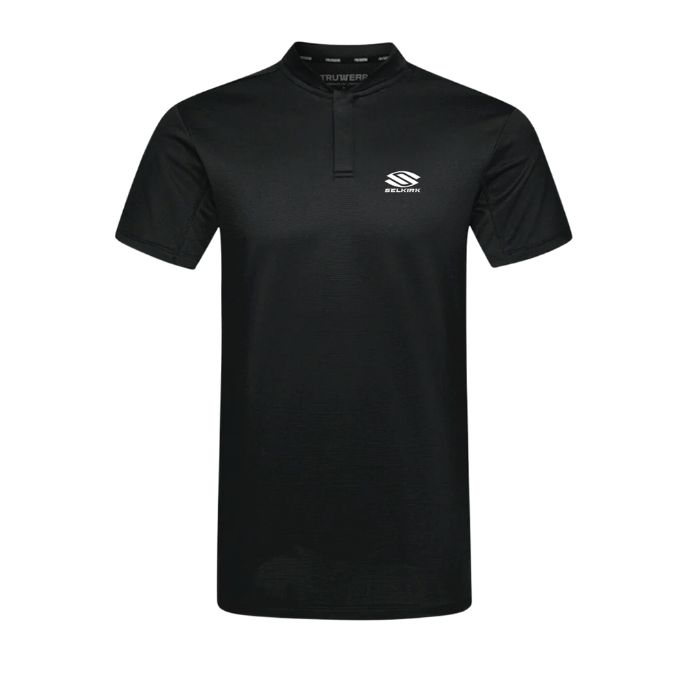 Gray Selkirk men's polo shirt with black collar and logo.
