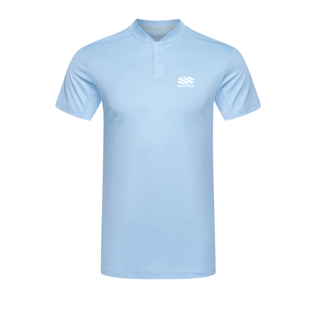 Gray Selkirk men's polo shirt with black collar and logo.