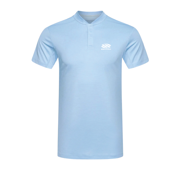 Gray Selkirk men's polo shirt with black collar and logo.