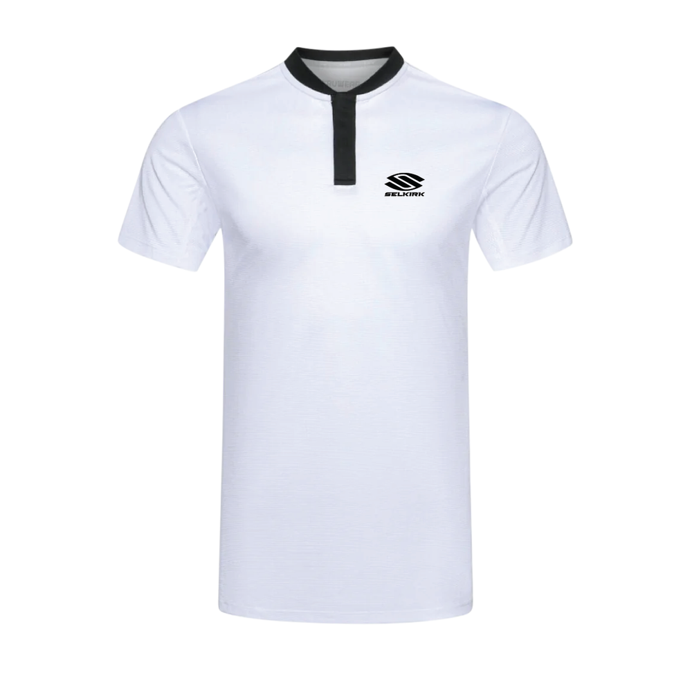 Gray Selkirk men's polo shirt with black collar and logo.