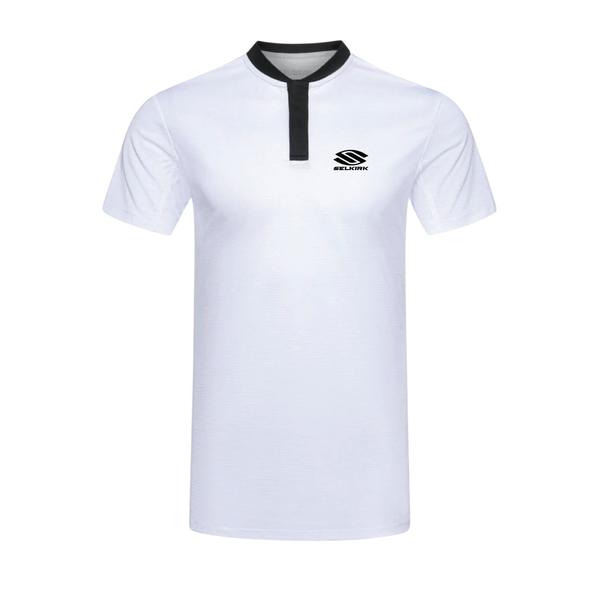 Gray Selkirk men's polo shirt with black collar and logo.