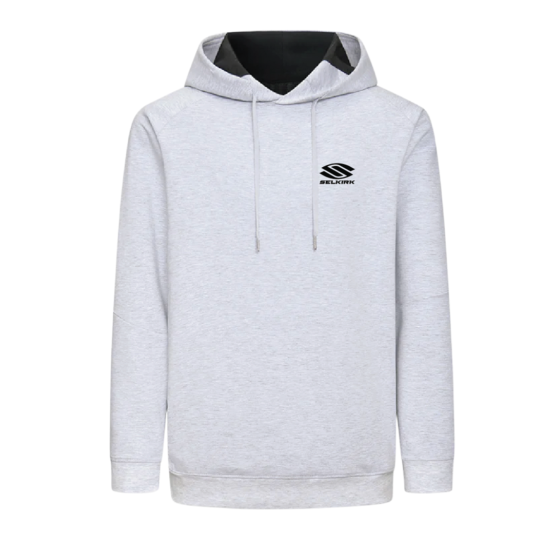 Gray Selkirk TruWear Men's Singular Lifestyle Performance Hoodie with logo, showcasing its soft stretch fabric and design.
