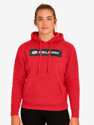 Red hoodie with kangaroo pocket and black rectangular SELKIRK logo centered on chest