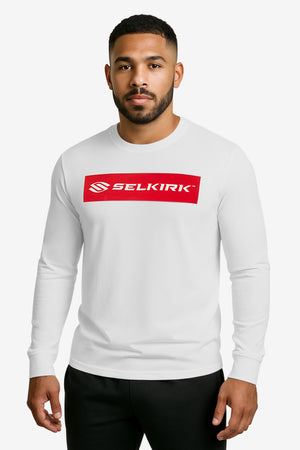 Men's white long-sleeve crewneck shirt with red rectangle reading SELKIRK across the chest