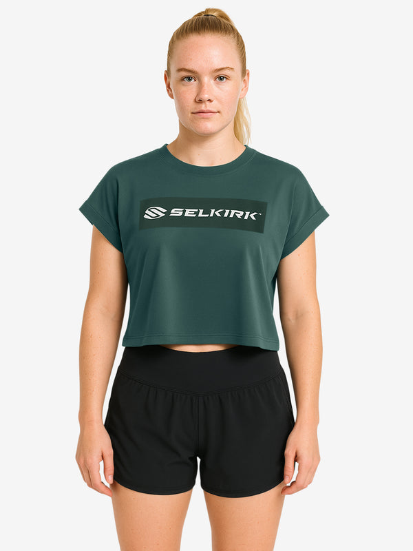 Black Selkirk Sport Women's Sideline Soft Cotton Boxy Tee with red logo