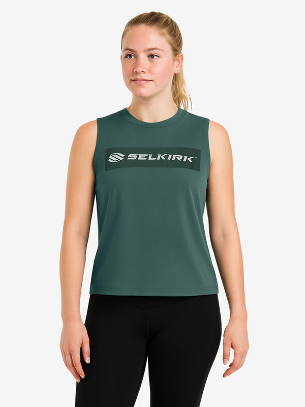 Black sleeveless tank top with 'Selkirk Sport' text in red