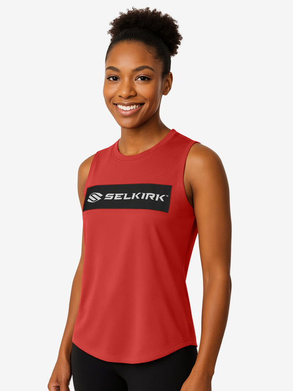 Black sleeveless tank top with 'Selkirk Sport' text in red