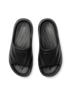 Black SELKIRK slide sandals, top view of pair