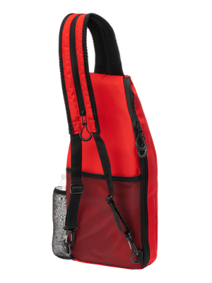 Selkirk pickleball sling bag in black, green, purple/pink, gold, red, and gray.