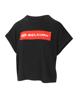 Black Selkirk Sport Women's Sideline Soft Cotton Boxy Tee with red logo