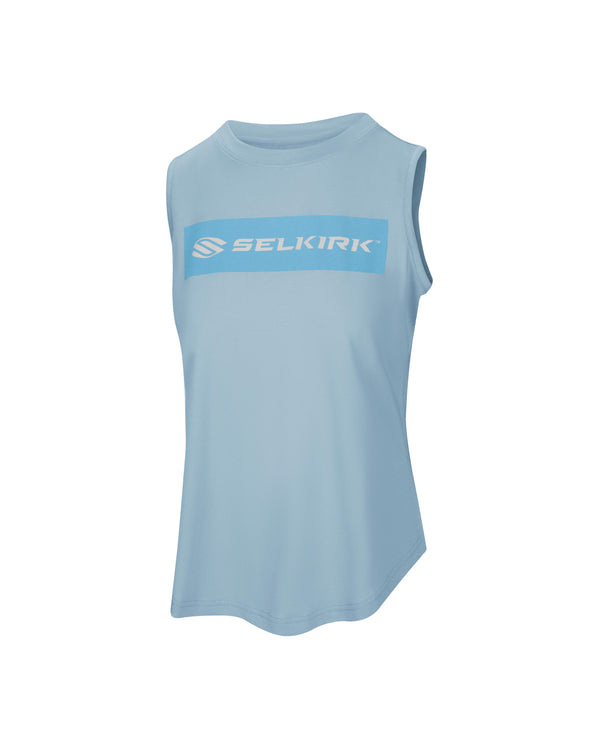 Light blue sleeveless tank top with 'Selkirk Sport' text across the chest