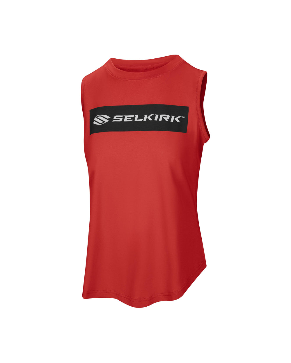 Black sleeveless tank top with 'Selkirk Sport' text in red