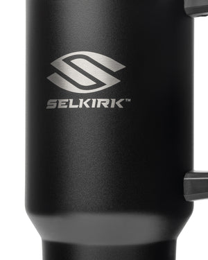 40 oz. black stainless steel tumbler with Selkirk logo and handle