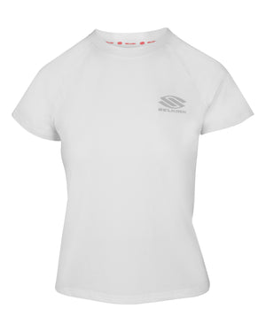 White short-sleeve shirt from the AeroFiber Collection, designed for comfort and performance.
