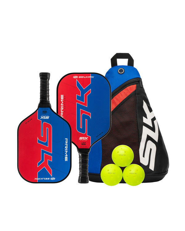 SLK Prime Max Pickleball Bundle with two paddles and three balls in a bag