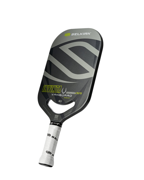 Selkirk VANGUARD Power Air pickleball paddle with Invikta shape, featuring blue and white design and text 'INVIKTA' on the face.