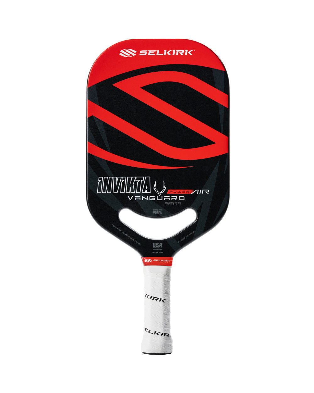 Selkirk VANGUARD Power Air pickleball paddle with Invikta shape, featuring blue and white design and text 'INVIKTA' on the face.