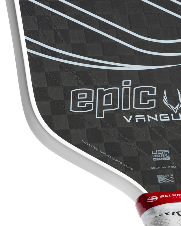 VANGUARD Pro pickleball paddle in Epic shape, Charcoal color, featuring 'epic' text on the face.