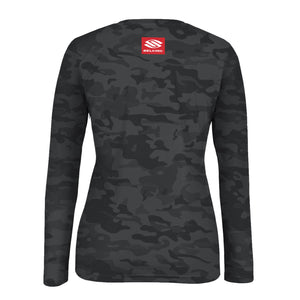 Back view of Selkirk Women's Red Label Long Sleeve V-Neck in camo pattern with logo