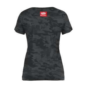 Back view of Selkirk Red Label Camo Women's Short Sleeve V-Neck in black, featuring a logo at the top.