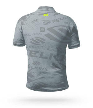 Back view of the Selkirk Emblem Men's Polo in Cool Gray, showcasing the logo and fabric texture.
