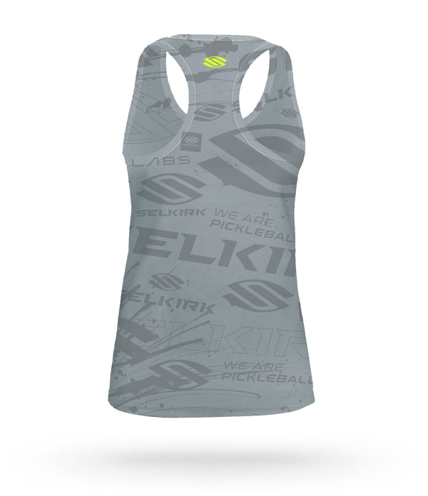 Selkirk Emblem Women's Tank Top in Cool Gray with logos and Stretch-Wik technology
